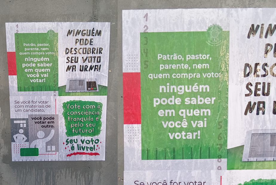 4 cartazes colado na parede com frases falando sobre voto livre na eleição de 2022